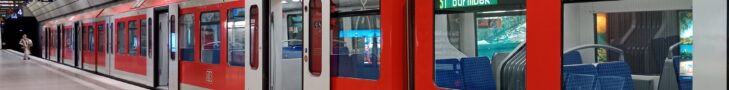 A red S-Bahn train at Hamburg Airport, Germany.