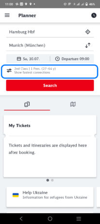Screenshot of search field and location of transport mode option in DB app