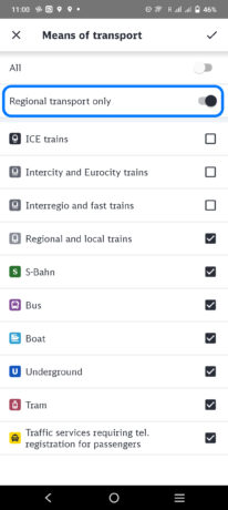 Screenshot of changing mode of transport options in DB app