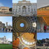 A 9-grid picture featuring the 9 top attractions in Rome: top left to bottom right: Colosseum, Trevi Fountain, Aqueduct, Castel Sant'Angelo, Pantheon dome, Vatican Museum hallway, Vittoriano building, teh dome inside St Peter's Basilica, Roman Forum.