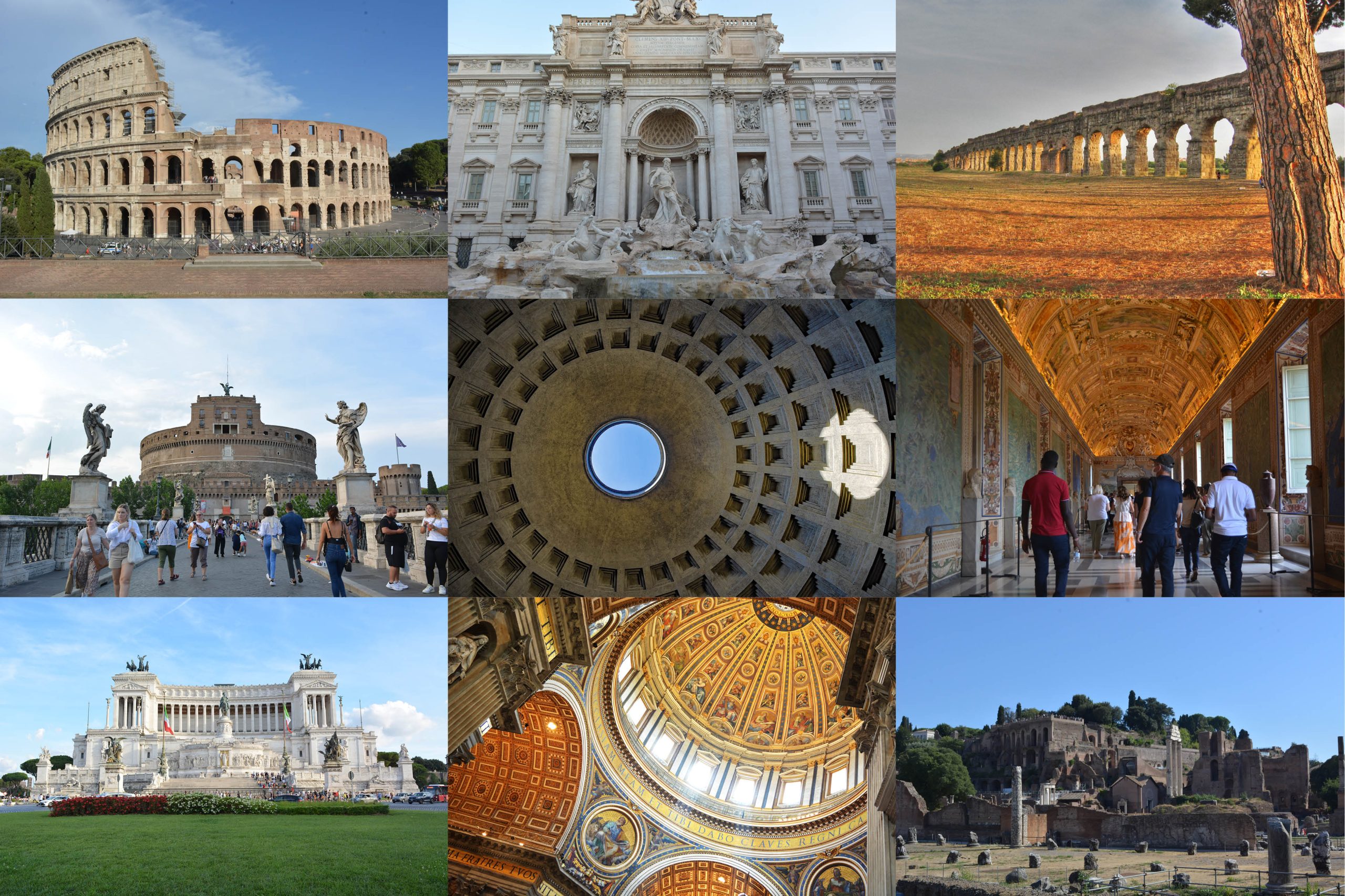 A 9-grid picture featuring the 9 top attractions in Rome: top left to bottom right: Colosseum, Trevi Fountain, Aqueduct, Castel Sant'Angelo, Pantheon dome, Vatican Museum hallway, Vittoriano building, teh dome inside St Peter's Basilica, Roman Forum.