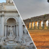 An image split diagonally in half from top left to bottom right featuring the Trevi Fountain on the left and the aqueduct on the right.