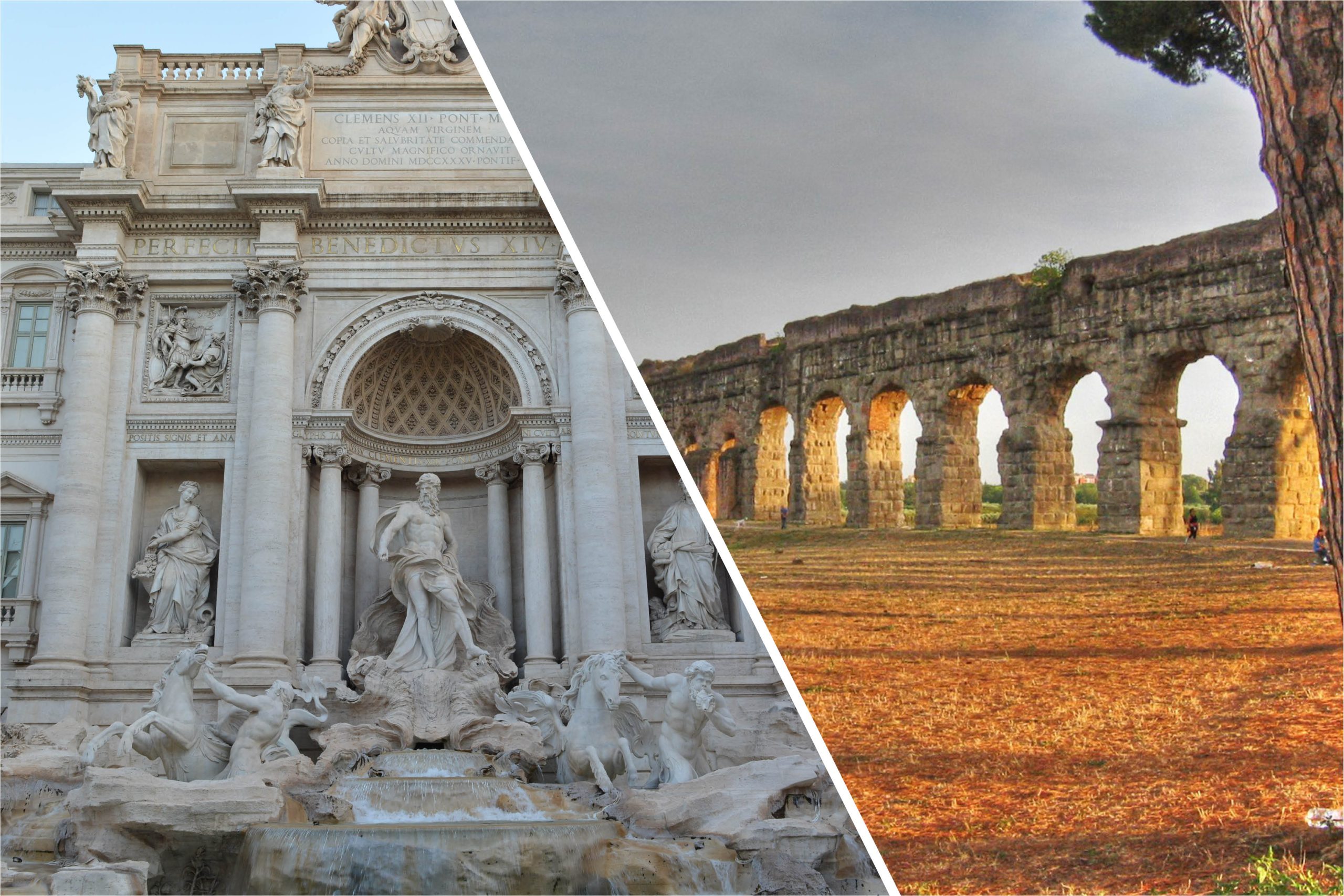 An image split diagonally in half from top left to bottom right featuring the Trevi Fountain on the left and the aqueduct on the right.