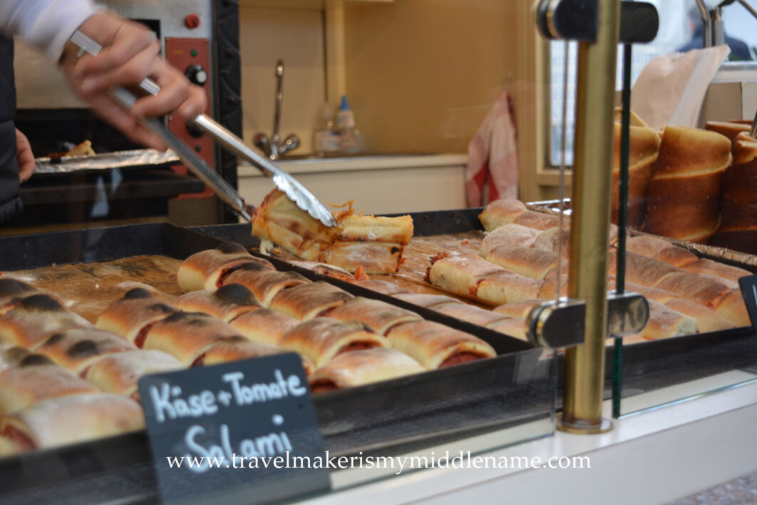 Baked goods: cheese, tomato, salami rolls