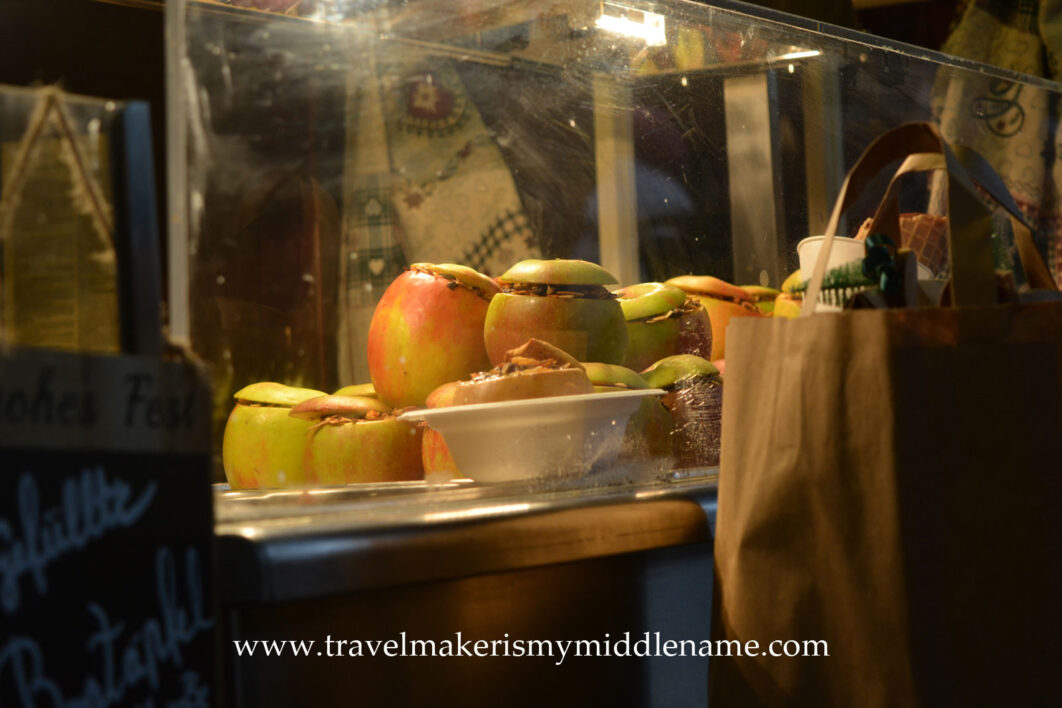 "Bratapfel" Baked stuffed apples on display at a Christmas market in Germany