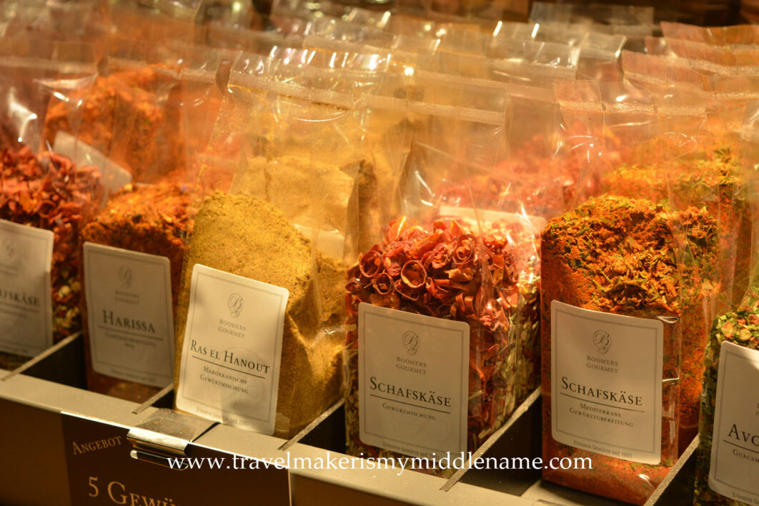 A variety of colouful dried spices in clear plastic pouches
