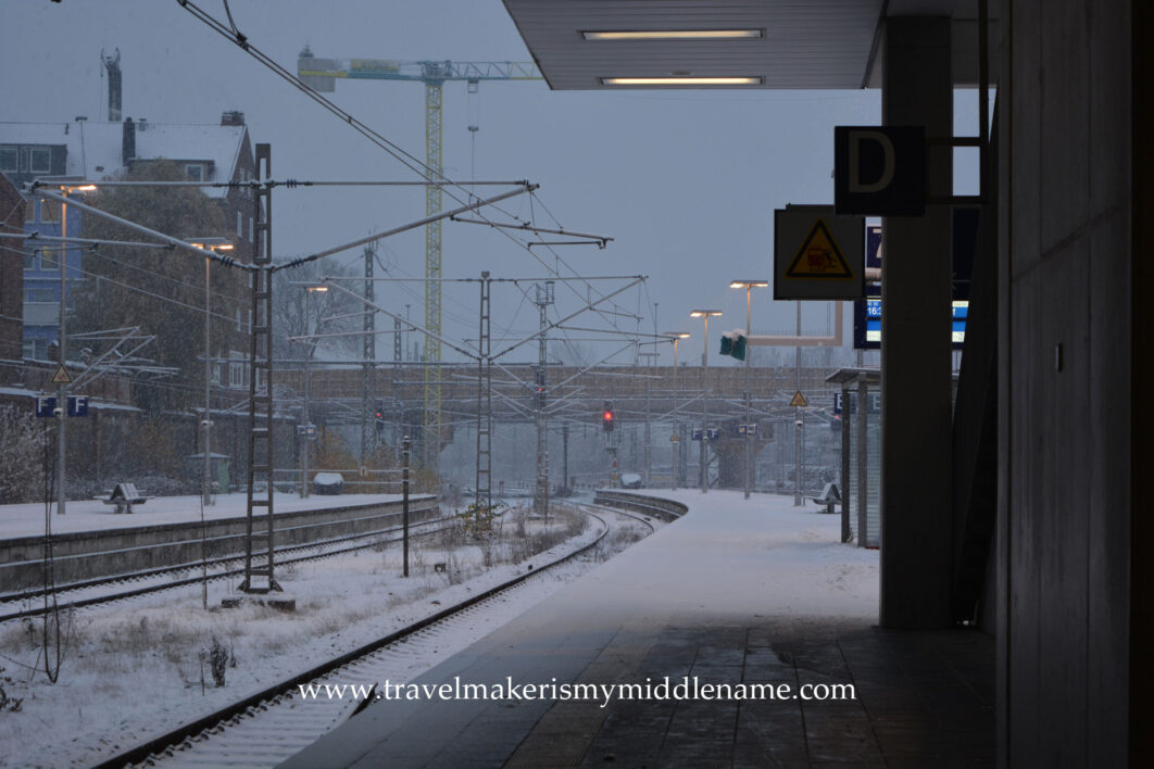 A. outdoor platform at Lübeck central station dusted with snow