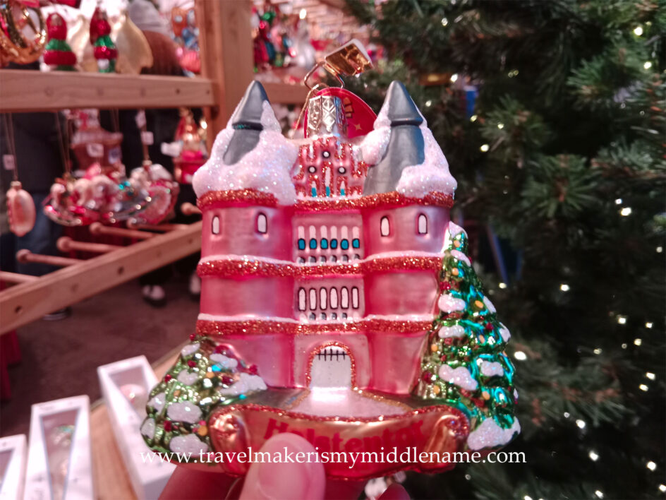 A hand blown and decorated glass bauble Christmas tree ornament in the shape of the Holstentor in Lübeck