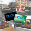 A composite image showing photos of a Sydney ferry, bus, light rail, and train in counter clockwise order from top left to bottom left, with a black adult and green child Opal card in the middle.