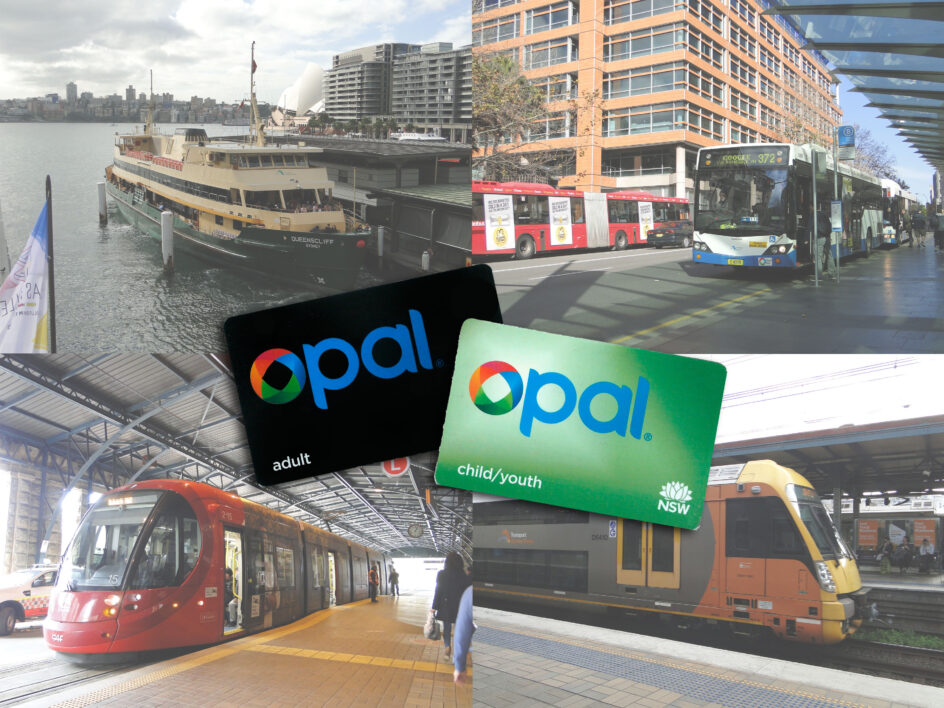 A composite image showing photos of a Sydney ferry, bus, light rail, and train in counter clockwise order from top left to bottom left, with a black adult and green child Opal card in the middle.