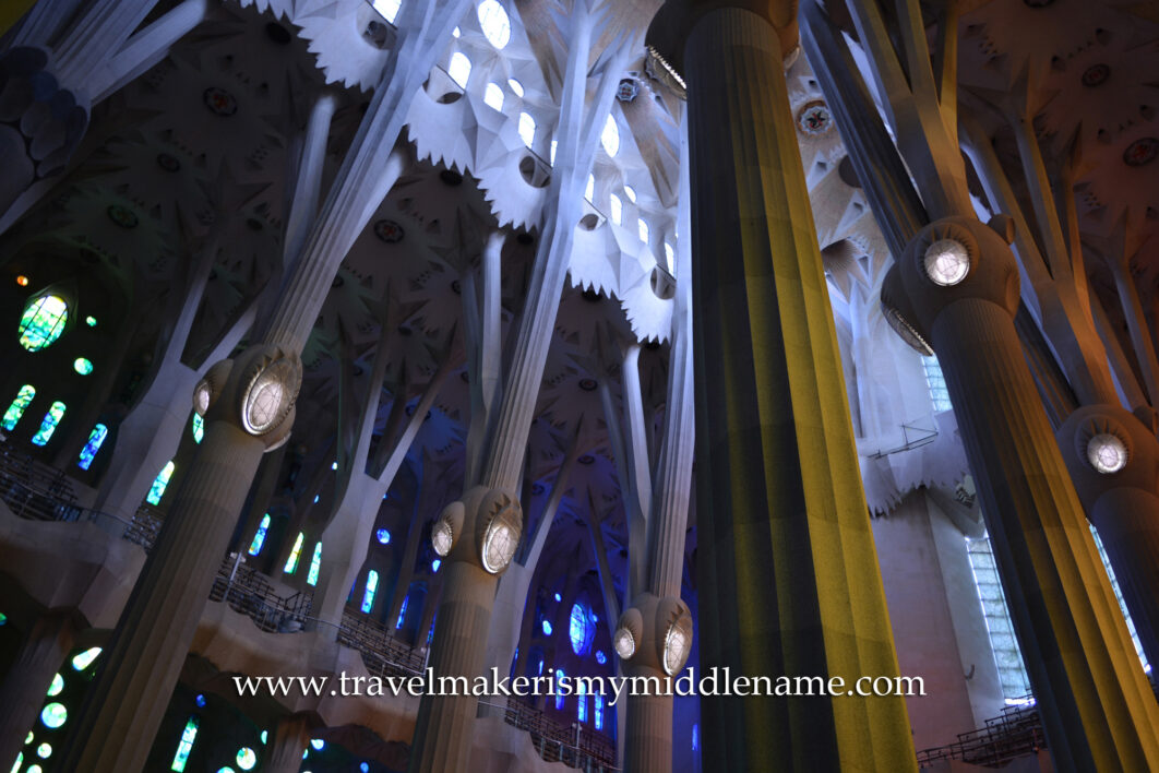 The tree-branch like columns inside La Sagrada Familia cathedral stretching up to the ceiling.