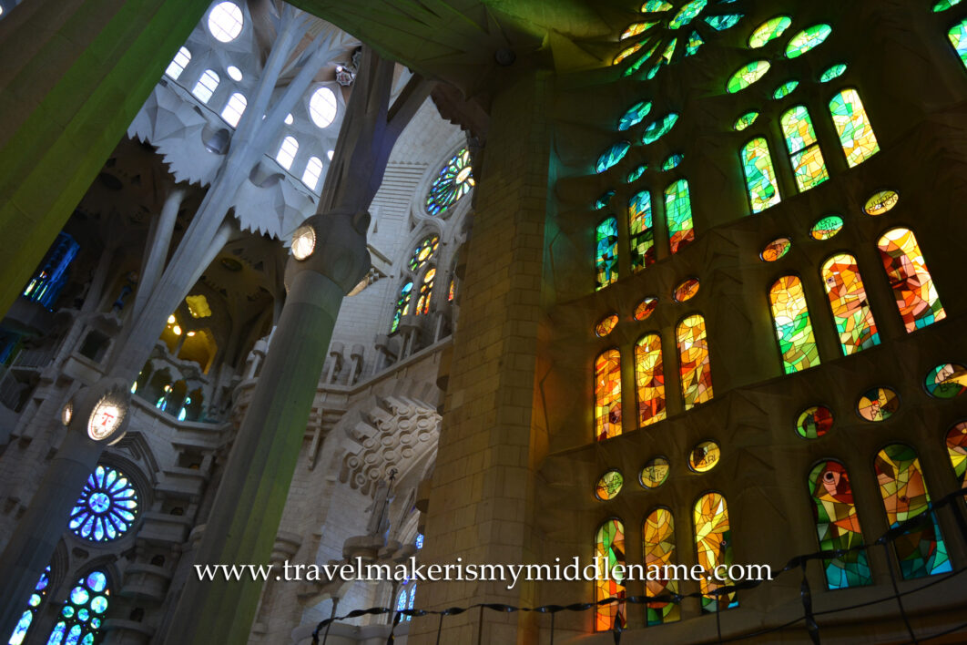 Stained glass windows and some columns inside La Sagrada Familia churches in Barcelona, Spain.
