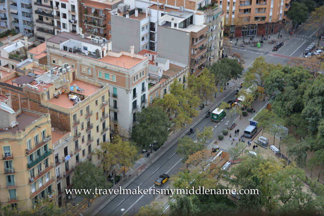 A view of the streets and buildings in Barcelona below from La Sagrada Familia church in Barcelona, Spain, as seen from the top of the Passion tower.