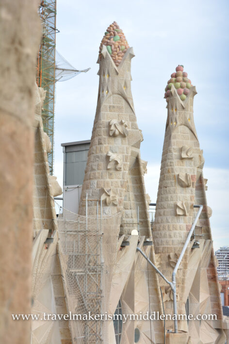 A view of some of the towers in La Sagrada Familia church in Barcelona, Spain, as seen from the top of the Passion tower.