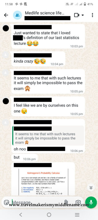 Screenshot_1 of chat record between students discussing statistics module