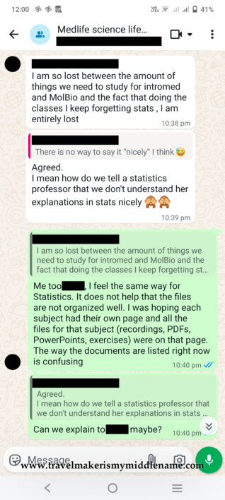 Screenshot_9 of chat record between students discussing statistics module