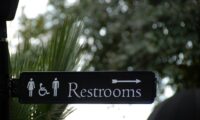 A sign with a white woman, a wheelchair, and a man icon followed by the word "Restrooms" and an arrow pointing to the right, outside, day, with a tree canopy in the background.