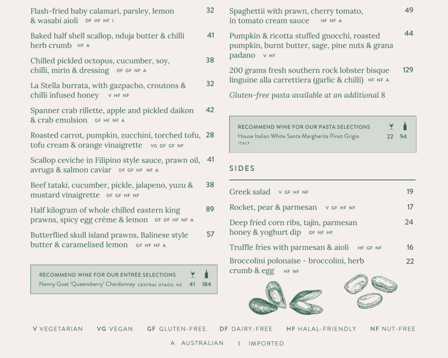 Screenshot of the Harbourside Seafood Restaurant in Sydney's menu