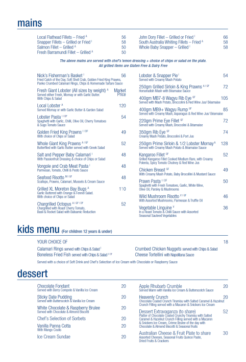 Screenshot of the Nick's Seafood Restaurant's menu